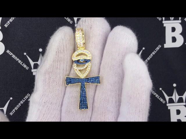 Horus Ankh Cross Blue CZ Hip Hop Bling Bling Pendant | Gold Iced Out Jewelry