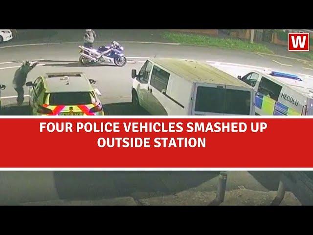 Four police vehicles smashed up outside station