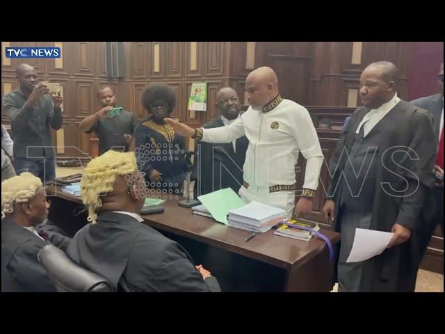 WATCH: Moment Counsel To FG Refuses To Shake Hands With Nnamdi Kanu