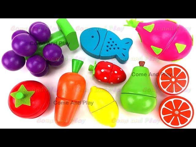 Learn Fruits & Vegetables Names with Wooden Fruit Cutting Playset Toys For Kids Preschoolers