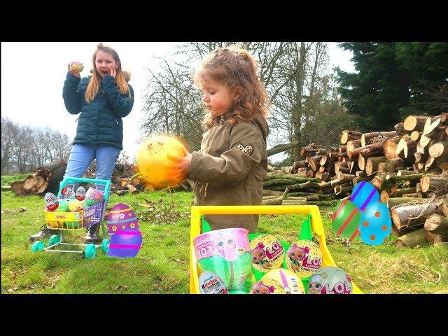 Gold Easter Egg Hunt L.O.L Surprise Toys Kinder Eggs video for kids outdoor fun Ruby Rube & Bonnie