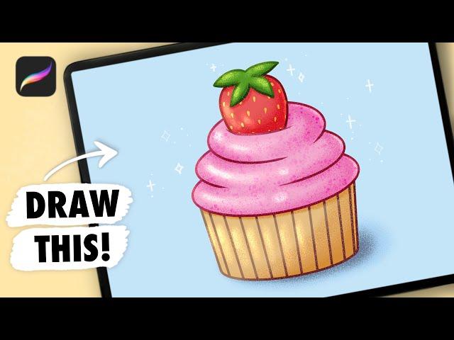 Procreate Drawing for Beginners |  Strawberry Cupcake iPad illustration - Digital Art Tutorial