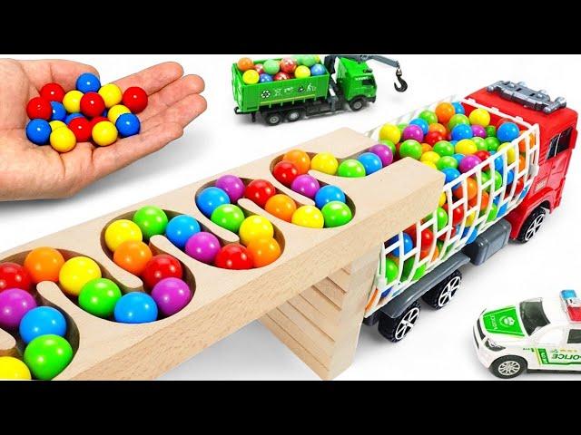 Marble Run ASMR Race  HABA Slope & Dump Truck Excavator Ambulance Forklift Garbage Truck Tractors15