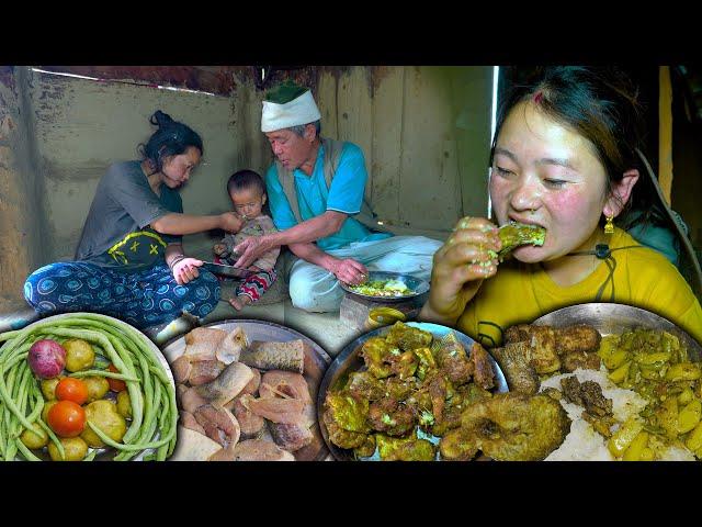 Fish Roast and Vegetable Recipe with Rice cooking & Eating in Village kitchen || rural cooking video