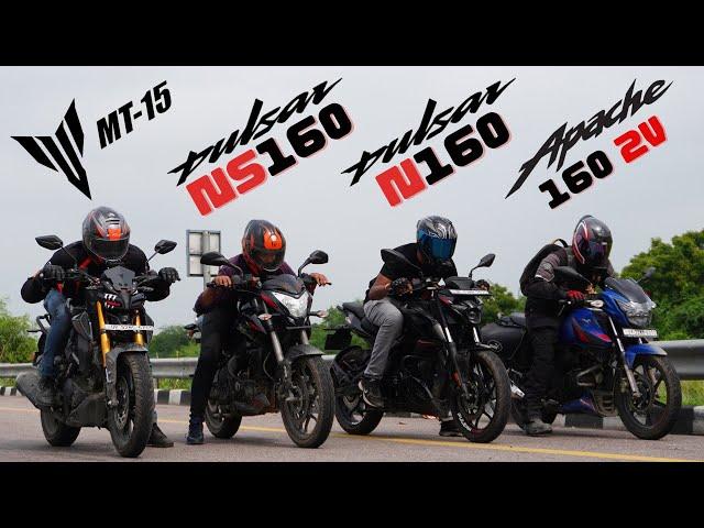 TVS Apache 160 2V vs Yamaha MT15 vs Bajaj Pulsar NS160 BS7 vs Bajaj Pulsar N160 Long Drag Race