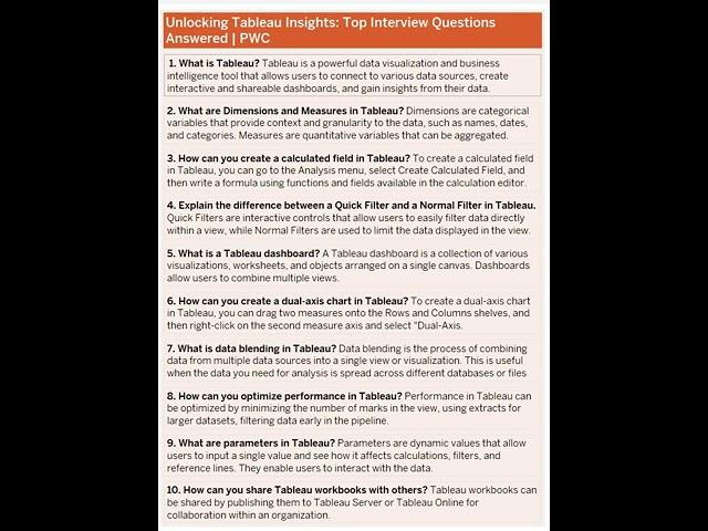 PWC |Interview Insights: Tableau's Top 10 Questions Dissected