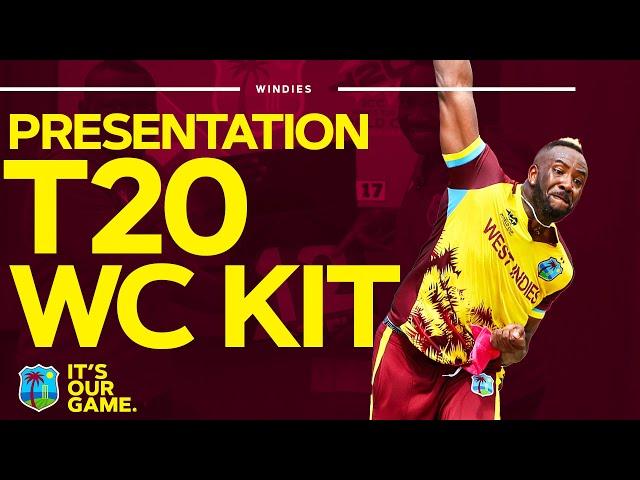 Captain Rovman Powell presents Andre Russell with his Official West Indies T20 World Cup Kit