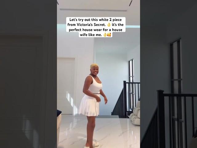 Let’s try out this white 2 piece. It’s the perfect house wear for a house wife like me. 