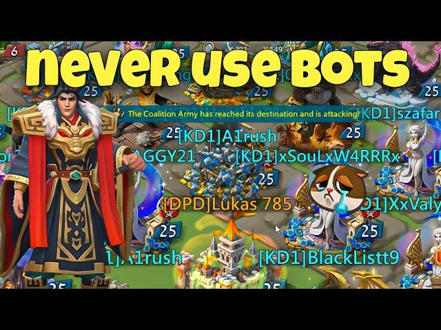 Lords Mobile - THIS IS WHY YOU SHOULD NEVER USE BOTS IN YOUR ACCOUNT. KD1 EMPEROR FAM VS 124M TROOPS