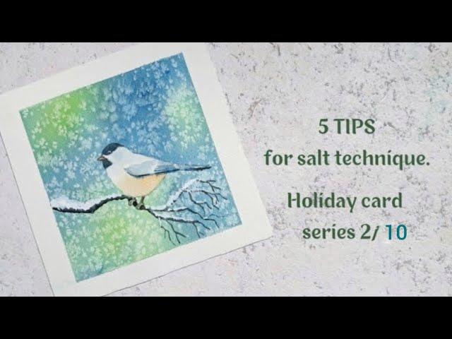 Watercolor winter season painting for a Christmas card. Salt technique in watercolors.