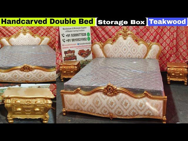 King Size Double Bed, Handmade Woodcrafted, Made in Solid A Grade Teakwood, Golden Duco Finish