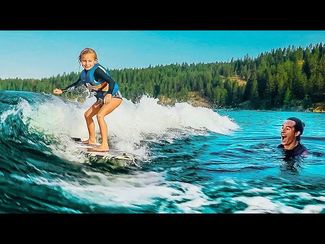 WAKE SURF LESSONS FOR KIDS - Baby and 5yr old Swim Routine in Deep Lake.