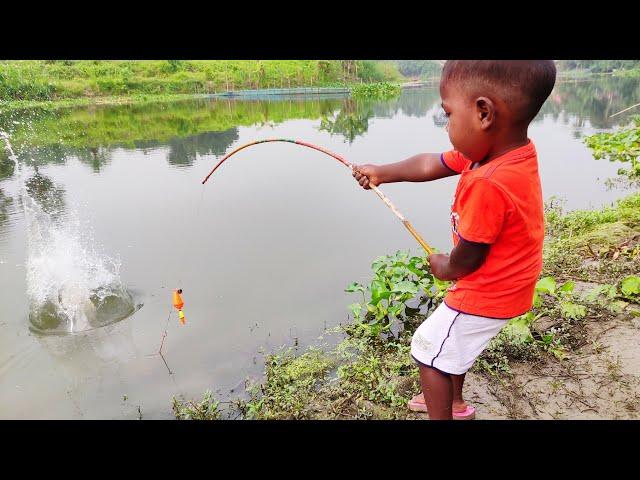 Little boy hunting big fish by rod ~ best hook fishing in the river ~ fish catching video