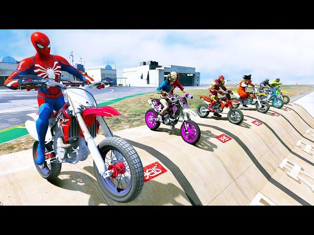 SPIDERMAN IRONMAN HULK GOKU - Stunt Ramp Motorcycle Challenge on the River