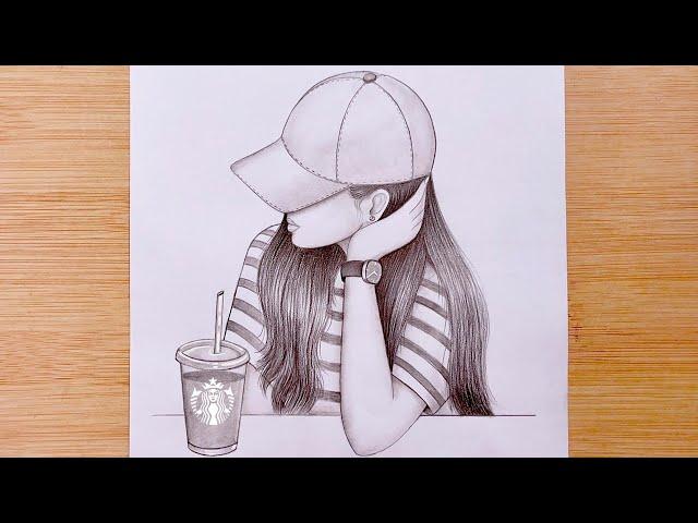 How to draw A girl with Starbucks Iced Coffee - step by step || Pencil Sketch for beginners