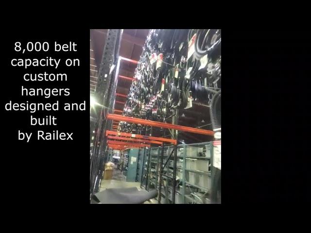 Railex 771 with Fan Belts Overhead Suspension in a Pallet Rack