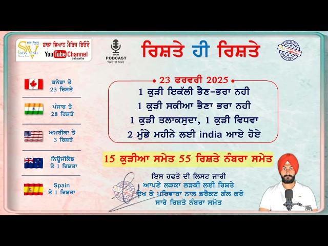 15 ਕੁੜੀਆ ਦੇ ਰਿਸ਼ਤੇ ਨੰਬਰਾ ਸਮੇਤ | ਦੋ ਕੁੜੀਆ ਇਕੱਲੀਆ | sada viah rishte hi rishte
