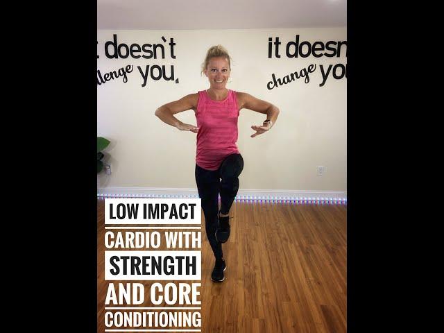 Low Impact (no jumping) tabata-style cardio, strength and core conditioning.