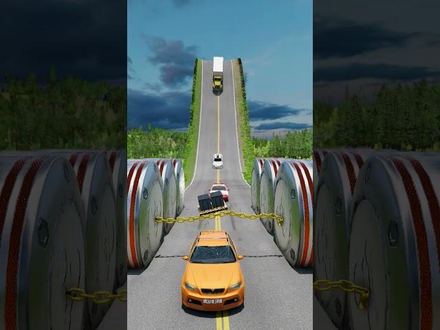 Police Chase Car & School Bus vs Chained Bollards Crush - BeamNG.Drive
