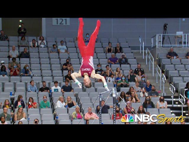 Shane Wiskus falls from high bar THREE TIMES yet refuses to quit in courageous routine | NBC Sports