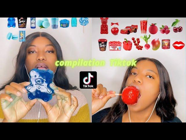 ASMR MUKBANG CONPILATION blue and red food (jelly, strawberry, , jelly noodles, bubble tea, cake car