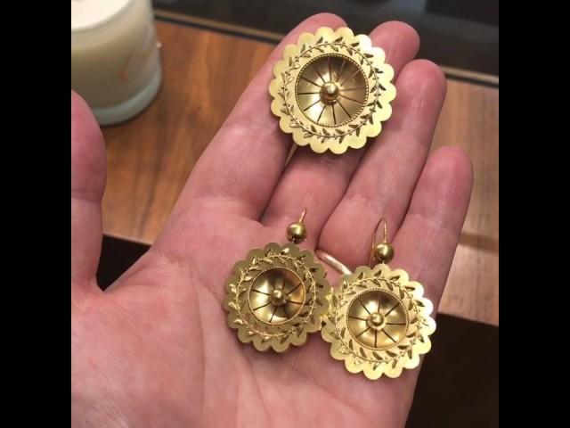 Victorian gold brooch/pendant and earrings, Archaeological Revival style