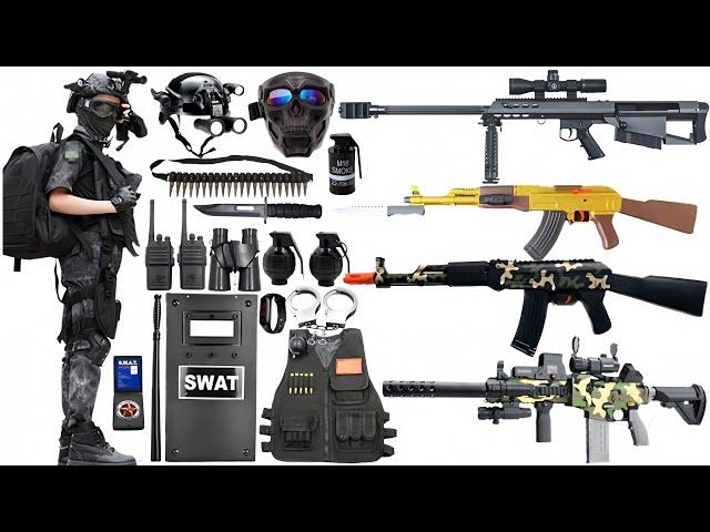 Special police weapon unboxing video, M416 gun,barrett,AK47,unboxing toy video, gas mask,axe, pistol