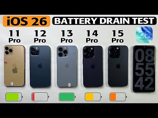 iOS 26 BATTERY LIFE DRAIN TEST 🪫 - iPhone 11 Pro vs 12 Pro vs 13 Pro vs 14 Pro vs 15 Pro iOS 26