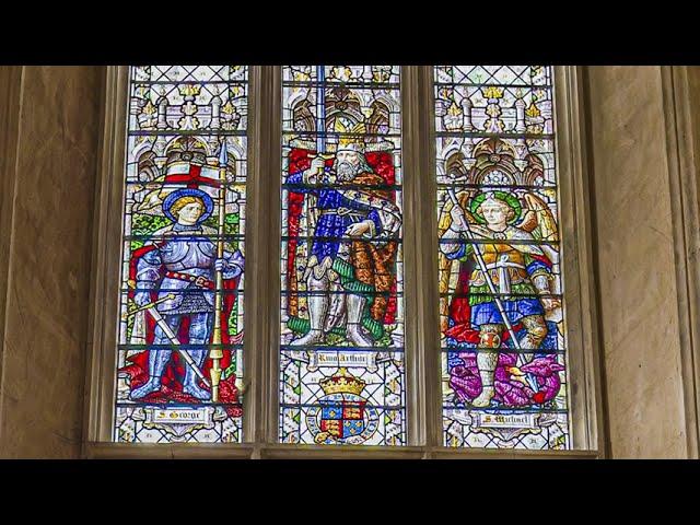 Close up details of stained glass windows of Rochester Cathedral