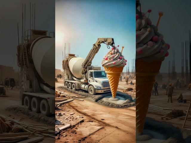 Evolution from a mixer truck pouring ice cream into a ship carrying giant fish