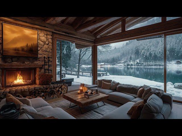 Winter Vibes by the Lake with Soft Jazz Music ️ Warm Living Room and Snowfall, Fireplace for Relax