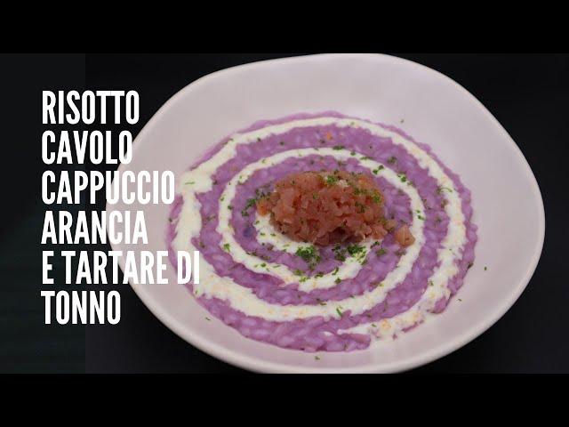 RISOTTO, CAVOLO CAPPUCCIO VIOLA, SALSA YOGURT AL ARANCIA E TONNO MARINATO AL LIME