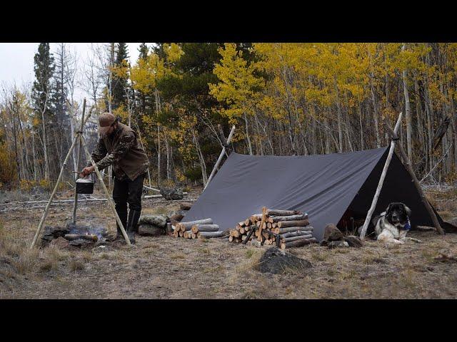 Fall Bushcraft Camp - Solo Overnight in Tarp Shelter, Bison Stroganoff, Cooking Tripod, etc