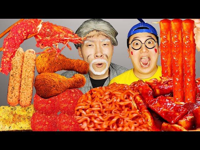 ASMR MUKBANG | RICE CAKE Tteokbokki, Fire Noodles, Giant Size fried chicken, corn dog recipe eating