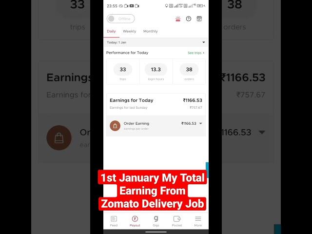 1st January My Total Earning From Zomato....... Rupees #earnmoney #viral #shorts #part_time_job