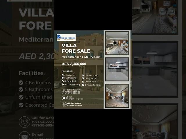 Villa for sale Mediterranean style Al Reef Contact Blue One Properties.