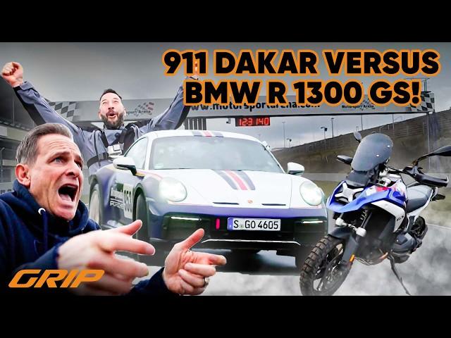 Auto vs. Motorrad: Porsche 911 Dakar mit 480 PS  der brandneuen BMW R 1300 GS mit 145 PS I GRIP