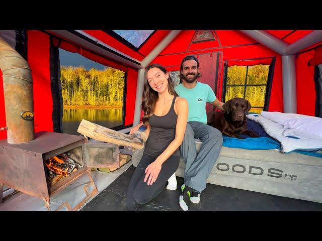 Camping In Inflatable Cabin w/ Wood Burning Stove (Below Freezing)