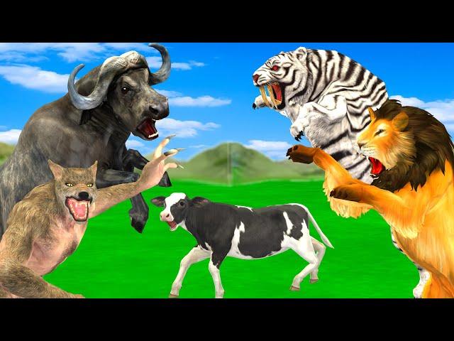 Black Lion Fight White Tiger Vs Lion King Attack Cow Cartoon Buffalo Elephant Save By Woolly Mammoth