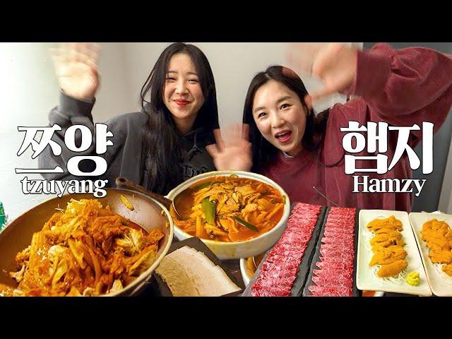 I drank soju with TzuyangㅣGood Choice, Beef Sashimi, Sea Urchin, Han River RamyeonㅣHamzy Vlog