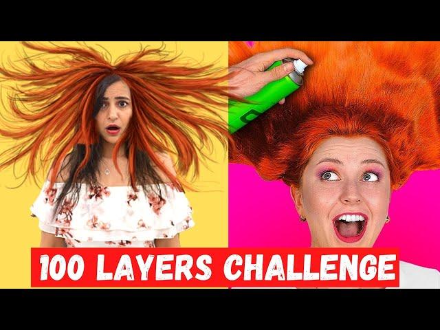 CRAZY 100 LAYERS CHALLENGE | Layers of Makeup, Hair, Shirts