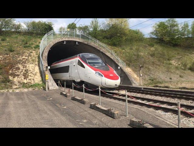 AWESOME HIGH SPEED RAIL TUNNEL LOTS OF FAST TRAINS AND BEAUTIFUL SOUND Switzerland trainspotting