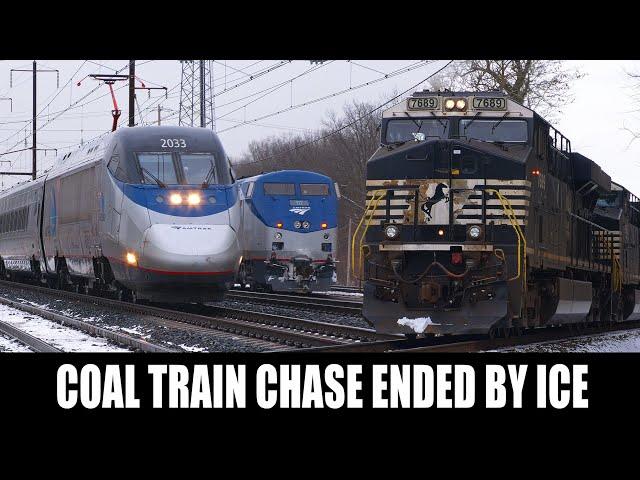 Coal Train Chase Ended by Ice - Frozen Trains & Horns on the Port Road and Amtrak NEC