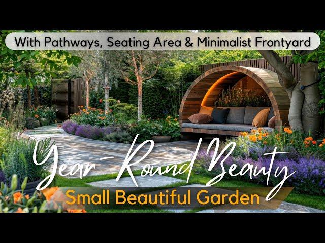 Year-Round Beauty: Small Beautiful Garden with Pathway, Seating Area& Minimalist Frontyard Landscape