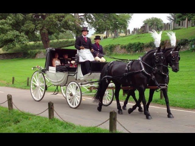 Horse Drawn Carriage at a English Wedding - St Mary's Church, Tissington. Derbyshire, UK.