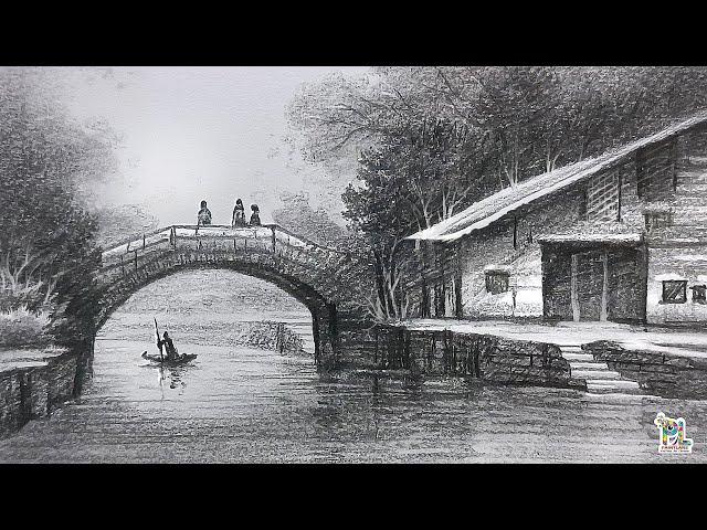 How to draw House and Bridge at Lake in A Pencil Scenery Art