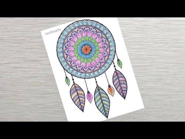 How to Draw Colorful Dream Catcher Mandala Art | Easy Color Mandala Drawing | Mandala for Beginners