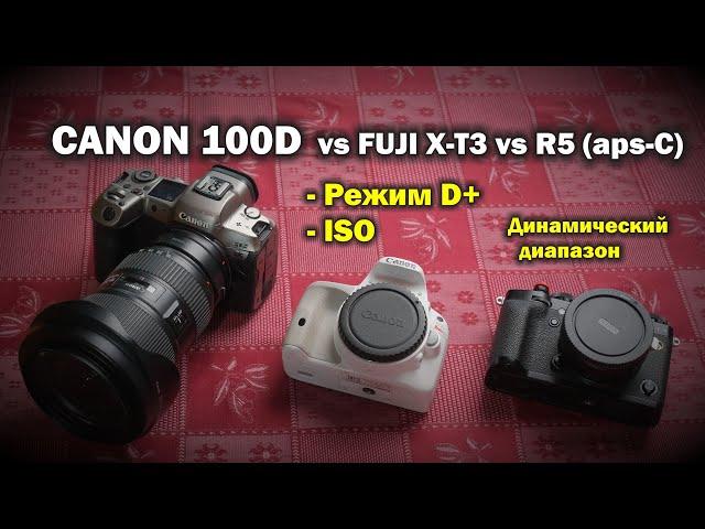 Режим D+, динамический диапазон и ISO у Canon 100D vs R5 vs Fujifilm