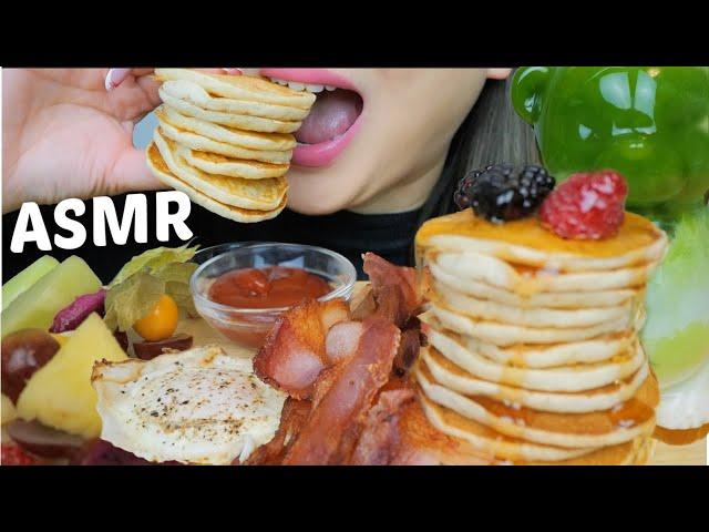 Mini Pancakes Stacks, Bacon & Egg with Exotic Fruits *NO Talking Eating Sounds | N.E Let's Eat