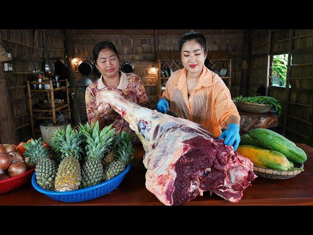 Countryside Life TV: Big beef leg cooking - Mother and Daughter cooking with Country style